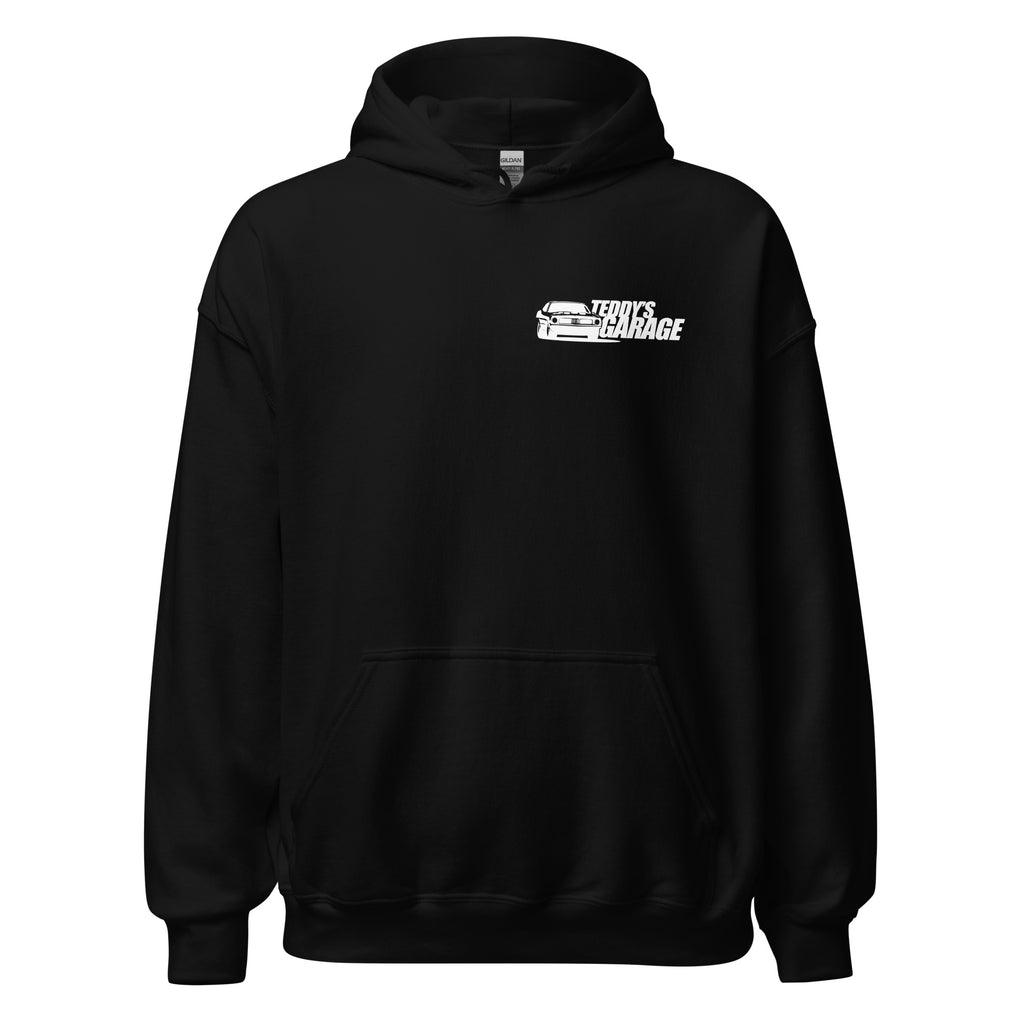 Black hoodie with a logo on the chest against a white background