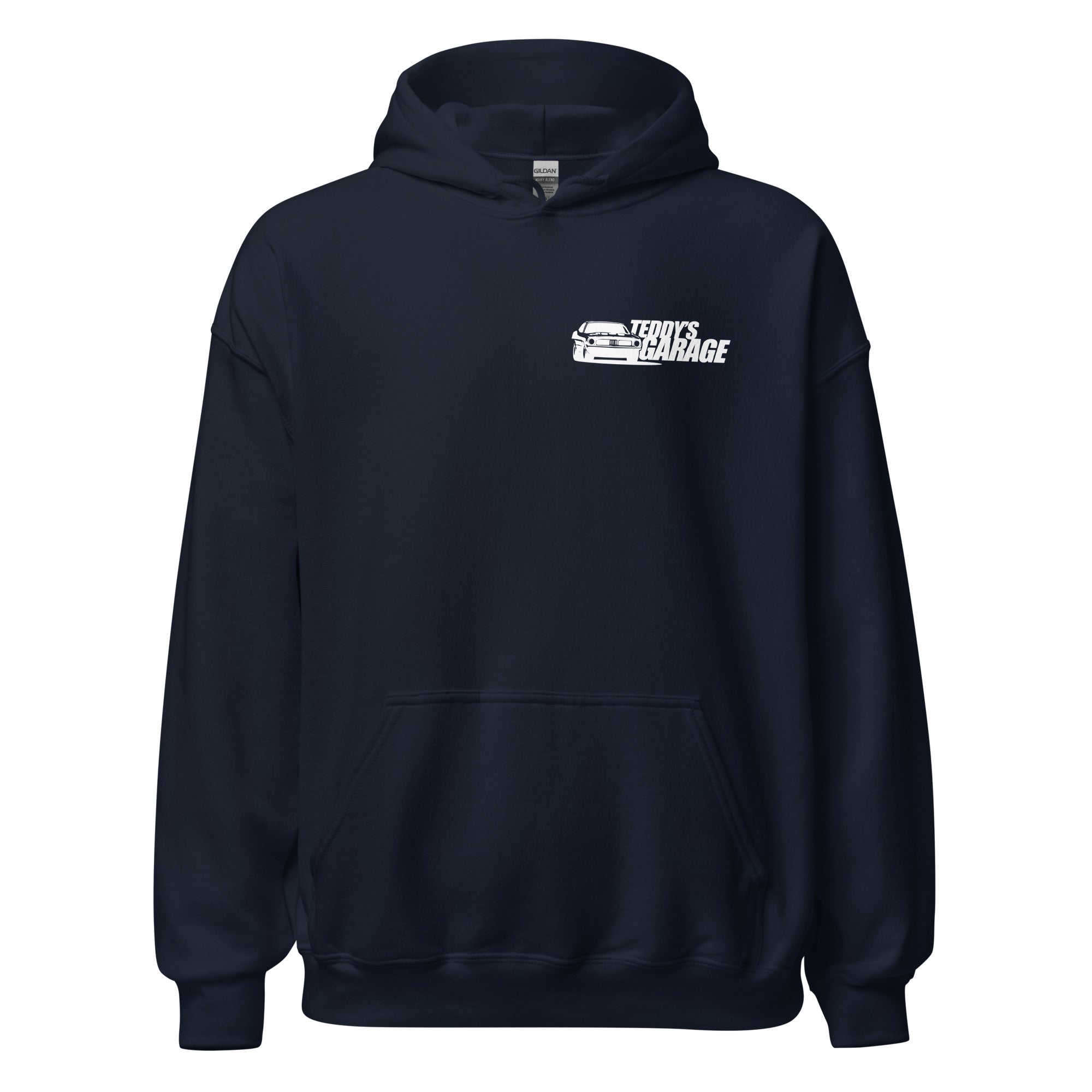 Navy blue hoodie with a logo on the chest against a white background